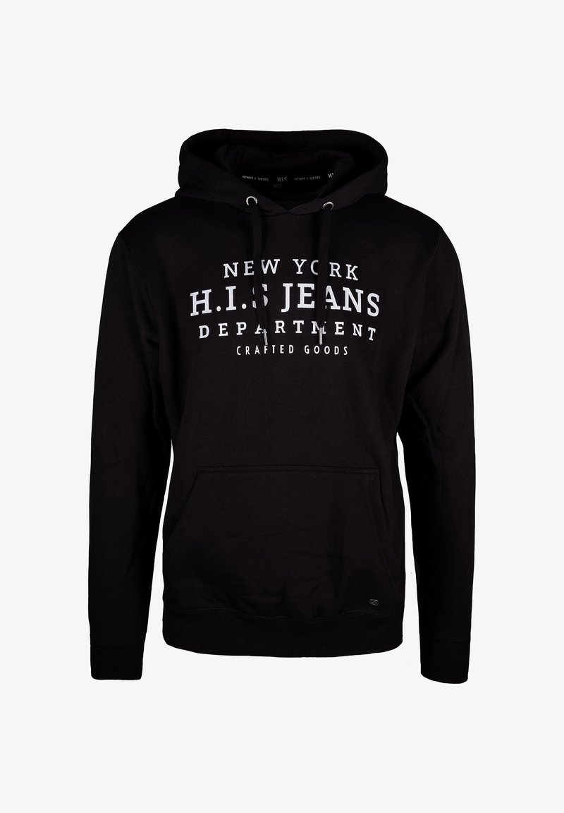 Felpa nera realizzata in cotone, con tasca kangaroo frontale, cappuccio con cordino e scritta bianca stampata sul petto. Polsini e orlo a coste.