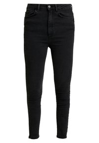 Mustat kapeat farkut, joissa on nappikiinnitys, viisi taskua ja sileä pinta. Klassinen muotoilu, jossa on istuva siluetti.