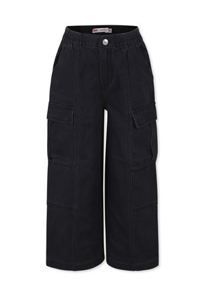 Pantaloni cargo neri con vita elastica, dotati di più tasche laterali, un fit rilassato e realizzati in un pesante cotone.