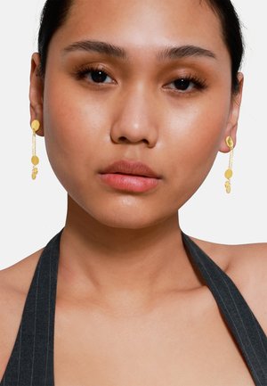 Gouden dangling oorbellen met cirkelvormige en ovale vormen, voorzien van een kettinglinkontwerp. De oorbellen hangen delicaat en vangen het licht voor een subtiele glans.