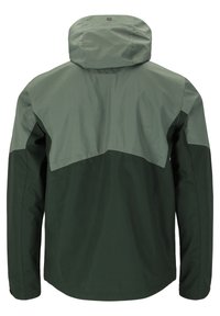 Waterdichte jas met een tweekleurig ontwerp in donker- en lichtgroen, met een capuchon, lange mouwen en een gladde textuur.