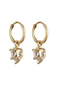 Boucles d'oreilles en or avec des cristaux transparents ovales encapsulés dans des montures décoratives, mettant en valeur une finition métallique polie et un design élégant.