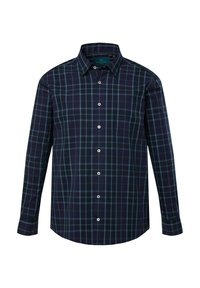 Camicetta da uomo a maniche lunghe in blu navy con motivo a quadri turchese. Presenta un colletto button-down, bottoni frontali e un orlo dritto. Materiale in cotone.