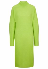 Robe tricotée en vert citron vif, avec un col montant et des manches longues à coupe décontractée. Motif texturé sur l'ensemble du tissu.