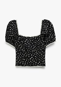 Sort blomster crop top med puffærmer, hvidt blondertrim og firkantet udskæring. Har små hvide blomster på en mørk baggrund.