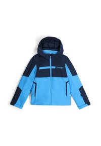 Wasserabweisende Skijacke in Hellblau und Marineblau, mit Kapuze, Frontreißverschluss, zwei Seitentaschen und kontrastierenden Farbpanelen.