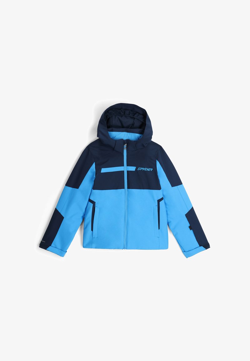 Wasserabweisende Skijacke in Hellblau und Marineblau, mit Kapuze, Frontreißverschluss, zwei Seitentaschen und kontrastierenden Farbpanelen.