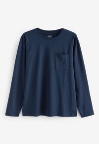 Marineblaues Langarmshirt mit Rundhalsausschnitt und Brusttasche, mittlere Größe, schlichtes Design, aus Baumwollstoff.