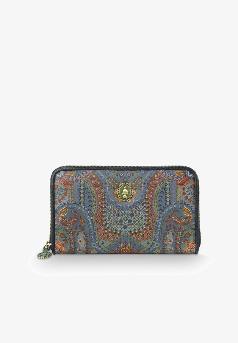 Zippered wallet with a blue and multicolored floral paisley pattern. Features a gold-tone logo and a textured finish. Compact rectangular shape.