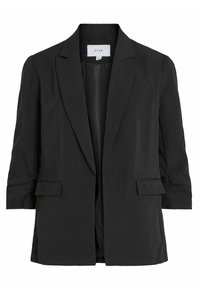 Černý blazer vyrobený z jemné látky, s klopovým límcem, tříčtvrtečními rukávy a předními kapsami. Jednoduchý, dobře padnoucí design.