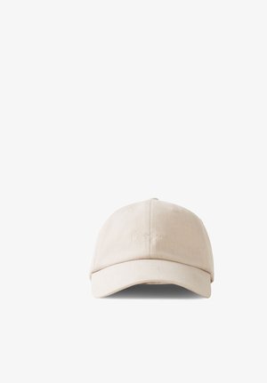 Casquette de baseball beige avec une visière incurvée et un nom de marque brodé discret au centre avant.