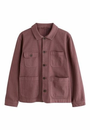 Button-up brown jacket with four front pockets, including one buttoned flap pocket, displayed on a white background.
