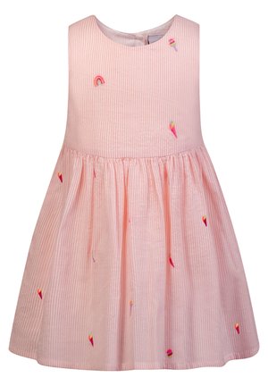 Rosa gestreiftes Kleid mit ausgestelltem Rock, ärmellosem Design und bestickten Motiven von Regenbogen und Eiscreme auf dem Oberteil und dem Rock.
