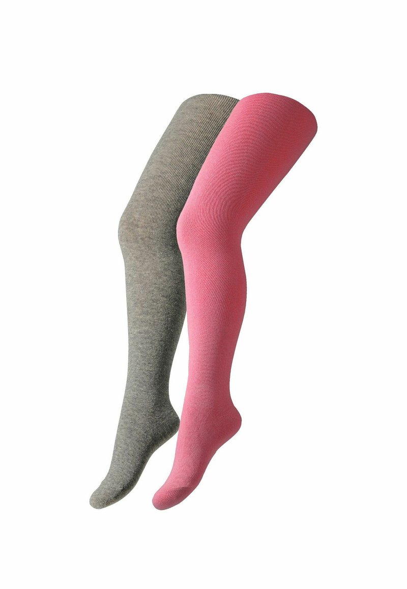 Zwei Paar Beinstulpen: eines in Grau mit einem gerippten Muster, das andere in einheitlichem Pink. Beide sind hüfthoch und haben ein nahtloses Design.