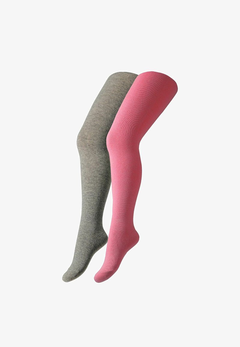 Zwei Paar Beinstulpen: eines in Grau mit einem gerippten Muster, das andere in einheitlichem Pink. Beide sind hüfthoch und haben ein nahtloses Design.