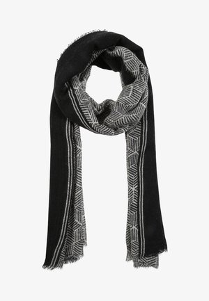 Écharpe noire et grise avec motifs géométriques hexagonaux et bordures rayées, pliée de façon lâche avec des bords à franges.