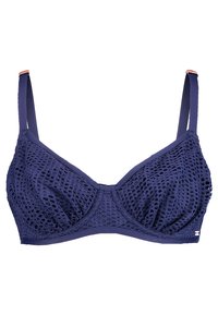Sutiã azul-marinho feito de material em rede, com um padrão texturizado, copas suaves, alças ajustáveis e um pequeno detalhe de logotipo.