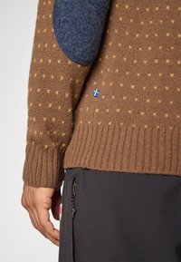 Pull en maille marron avec de petits pois jaunes, patchs de coude bleu marine, étiquette du drapeau suédois sur le côté, porté avec un pantalon noir doté d'une poche zippée.
