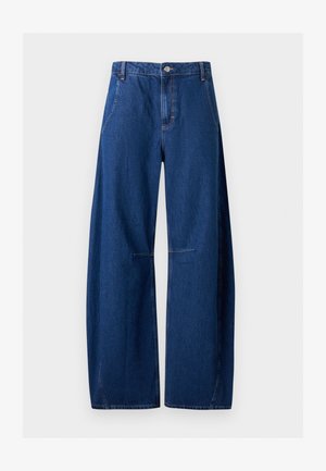 Τζιν σκούρου μπλε χρώματος με ψηλή μέση και φαρδιά μπατζάκια, με κουμπιά μπροστά, φερμουάρ, πλαϊνές τσέπες και ραμμένες λεπτομέρειες στα γόνατα.