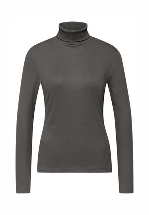 Golf z długim rękawem w ciemnoszarym kolorze, wykonany z gładkiej, elastycznej tkaniny. Posiada przylegający kołnierz i dopasowany krój, bez wzorów i ozdób.