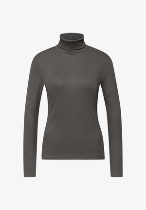 Golf z długim rękawem w ciemnoszarym kolorze, wykonany z gładkiej, elastycznej tkaniny. Posiada przylegający kołnierz i dopasowany krój, bez wzorów i ozdób.