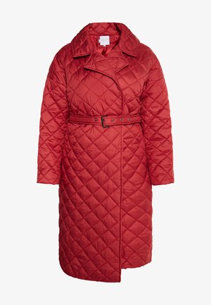 Quilted red coat with a wide collar, long sleeves, and a belted waist. Features a diamond pattern and a mid-length design.