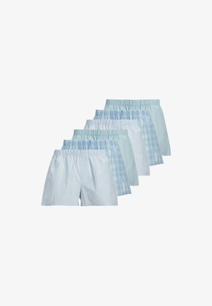 Conjunto de bóxer de color azul claro, con varios patrones: rayas y cuadros, con cinturillas elásticas y una textura suave y lisa.