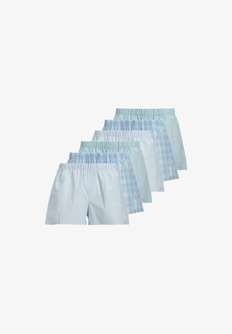 Set di boxer blu chiaro, caratterizzato da vari motivi: righe e quadretti, con vita elastica e una consistenza morbida e liscia.