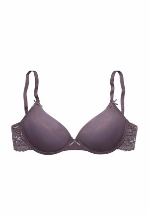 Fliederfarbener BH mit geformten Cups, verstellbaren Trägern und Spitzenverzierung an den Seiten. Verfügt über eine zarte Schleifenapplikation in der Mitte.
