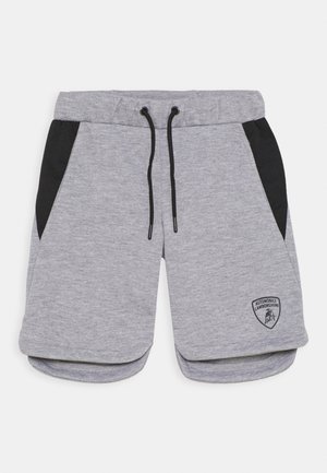 Pantalones cortos grises con paneles laterales negros, cordones negros y el logo de Automobili Lamborghini en la parte inferior de la pierna derecha.