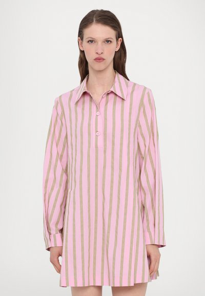 Pink and gold striped dress with a collared neckline, long sleeves, and button closure, made from a light fabric.