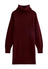 Burgundowa sweter z golfem, luźny krój, długie rękawy, prążkowana tekstura przy kołnierzu i dolnym brzegu, miękki materiał, długość do kolan.