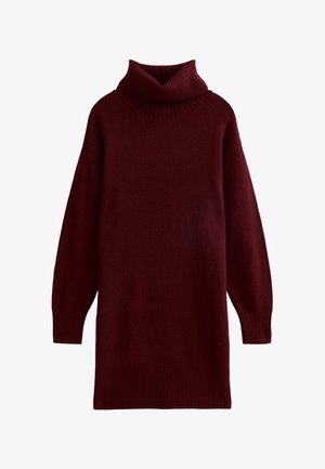 Maglione a collo alto in maglia borgogna, vestibilità rilassata, maniche lunghe, texture a coste su colletto e orlo, materiale morbido, design fino al ginocchio.