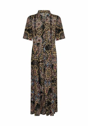 Maxi abito nero con motivi floreali e paisley colorati. Presenta un collo alla coreana e maniche corte, realizzato in tessuto leggero.