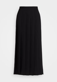 Gonna maxi plissettata nera con una texture liscia, vita alta e design fluido, che offre una silhouette elegante. Nessun motivo o dettaglio visibile.