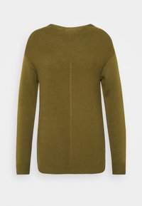 Pullover lavorato a maglia verde oliva con maniche lunghe, scollatura rotonda e un dettaglio a cucitura verticale sul retro. Tessuto testurizzato con accenti a costine.
