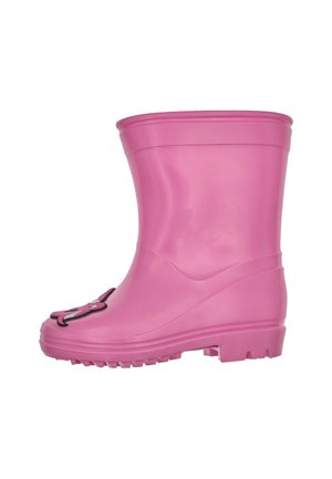 Botte de pluie en caoutchouc rose avec une semelle texturée, un bout rond et un détail de visage de cartoon décoratif à l'avant. Surface lisse, hauteur mi-mollet.