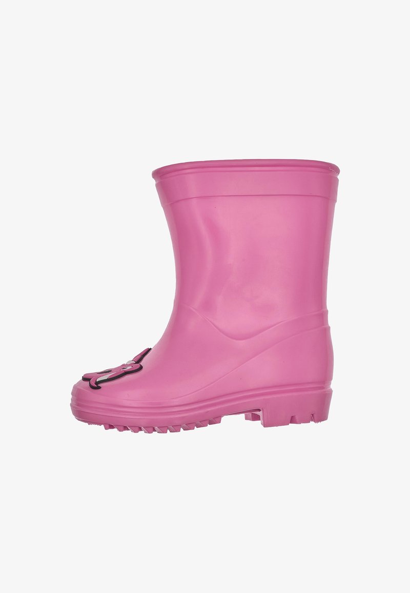 Botte de pluie en caoutchouc rose avec une semelle texturée, un bout rond et un détail de visage de cartoon décoratif à l'avant. Surface lisse, hauteur mi-mollet.