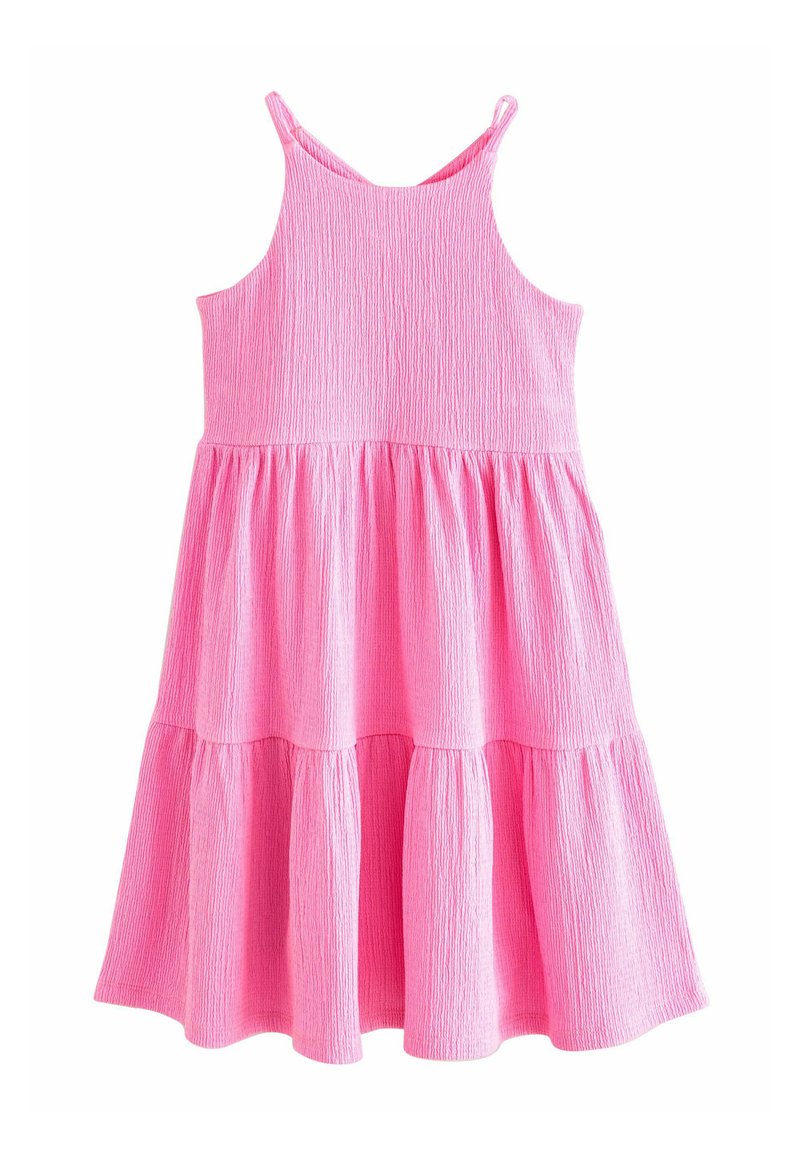 Rosa ärmelloses Kleid aus strukturiertem Stoff. Verfügt über ein figurbetontes Oberteil und einen gestuften, ausgestellt Rock. Einfaches Design mit verstellbaren Trägern.