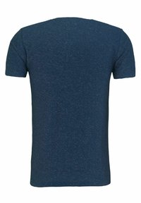 Granatowa koszulka z krótkim rękawem o lekko melanszowej teksturze, przedstawiona z tyłu na białym tle.