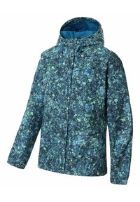Giacca con cappuccio di colore blu e verde a macchie, realizzata in materiale impermeabile, con chiusura a zip e tasche laterali.
