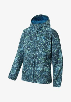 Hooded jacket with a blue and green speckled pattern, made from waterproof material, featuring a zip closure and side pockets.