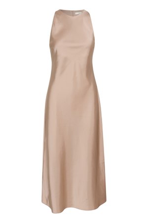 Sukienka bez ramiączek, o długości do kolan, w miękkim beżowym satynie z gładką teksturą, z delikatnym zamkiem błyskawicznym z tyłu i wysokim dekoltem.