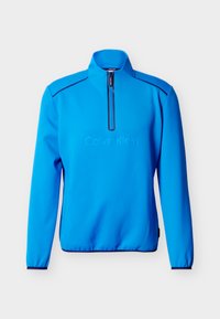 Φωτεινό μπλε πουλόβερ με μακριά μανίκια, μισό φερμουάρ στο μπροστινό μέρος, ψηλό γιακά, ελαστικές μανσέτες και ανάγλυφο λογότυπο Calvin Klein στο στήθος.