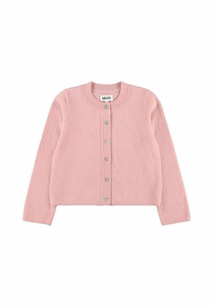 Gilet en laine rose manches longues avec un col rond et des boutons semblables à des perles sur le devant pour enfants.
