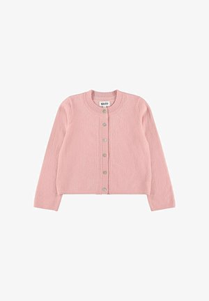 Gilet en laine rose manches longues avec un col rond et des boutons semblables à des perles sur le devant pour enfants.