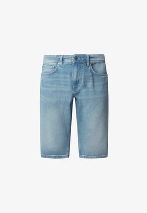 Svetlomodré denim šortky so rovný strihom, piatimi vreckami a jemným vyblednutím. Majú zapínanie na gombík a pútka na opasok na páse.