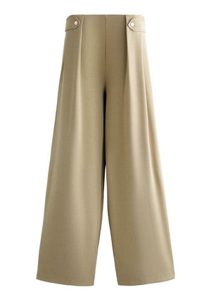 Pantaloni bej cu talie înaltă și croială largă, cu clape cu nasturi pe fiecare parte a taliei, față netedă și tiv lung complet.