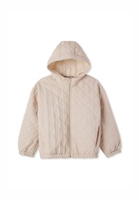 Giacca beige trapuntata con cappuccio, dotata di zip frontale e polsini elastici. La texture morbida e il motivo a diamante creano un design leggero.