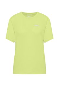 T-shirt verde lime con maniche corte, scollatura rotonda e piccolo logo bianco sul lato sinistro del petto. Realizzato in tessuto morbido con una superficie liscia.